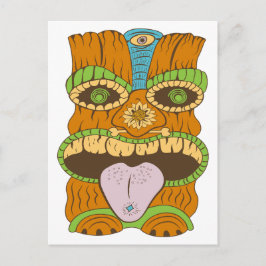 Postal Estatua Tiki de Lengua Púrpura en Ambiente Psicodé