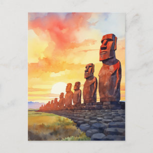 Postal Estatuas Moai de la Isla de Pascua Puesta de Sol A
