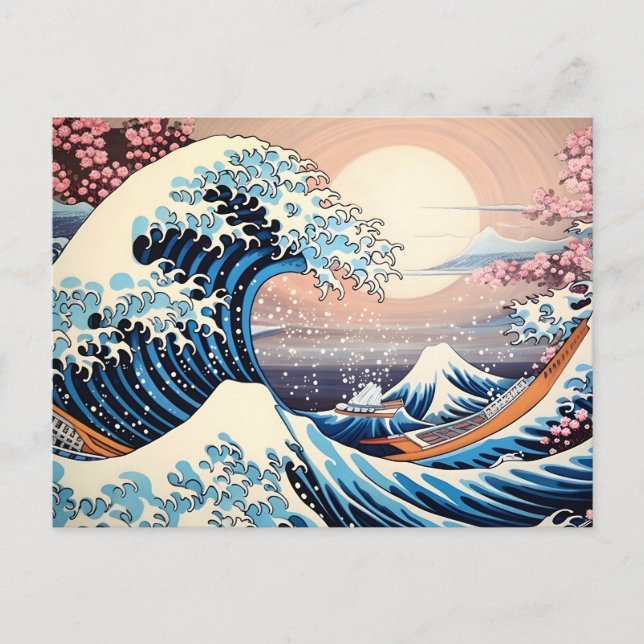 Postal Estética de sakura rosa inspirada en la Gran Ola (Anverso)