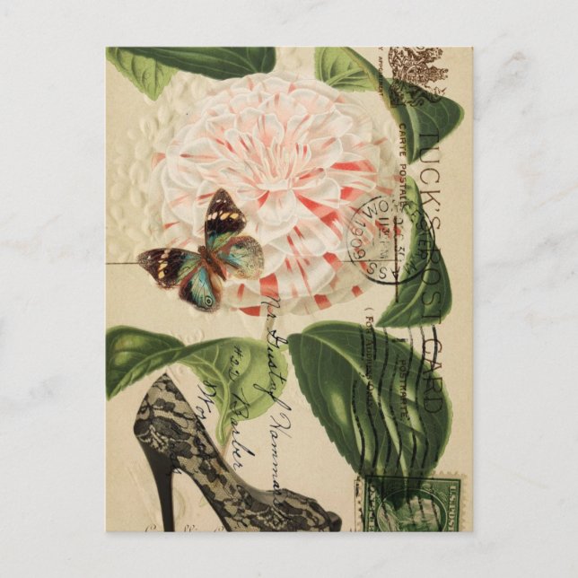 Postal Estiletto de moda parisino al arte botánico francé (Anverso)