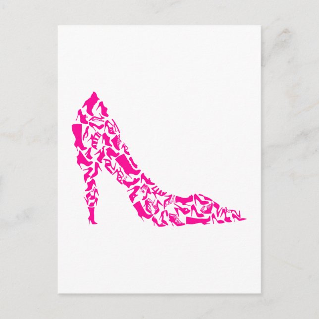 Postal Estiletto rosa con varias siluetas de zapatos (Anverso)