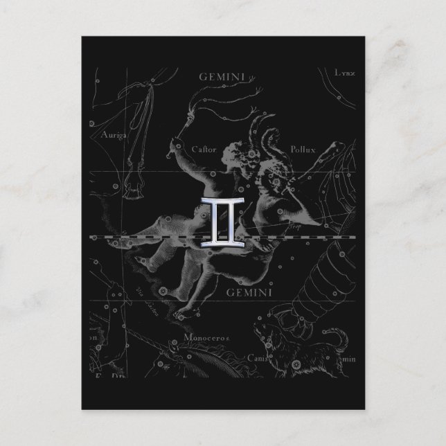 Postal Estilo Chrome Gemini Signo del Zodiaco en Hevelius (Anverso)