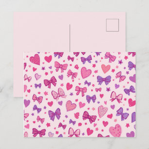 Postal Estilo Coquette Rosa Morado Lazo y Corazón Patrón