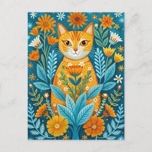 Postal Estilo de arte folclórico gato y flores naranja y