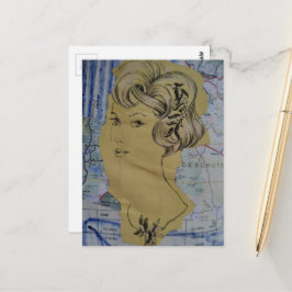 Postal Estilo de pelo retro mujer y collage de mapa