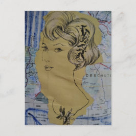 Postal Estilo de pelo retro mujer y collage de mapa