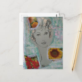 Postal Estilo de pelo retro mujer y flores Collage