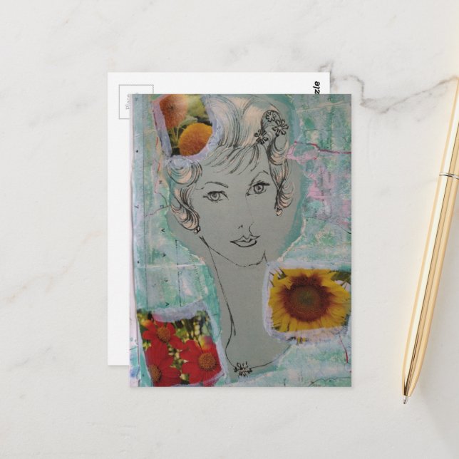 Postal Estilo de pelo retro mujer y flores Collage (Anverso/Reverso In Situ)