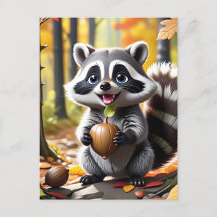 Postal Estilo kawaii lindo Raccoon ambiente otoño