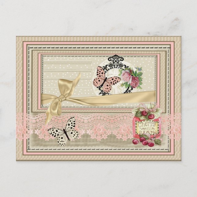 Postal estilo scrapbooking encaje mariposa cerezas (Anverso)