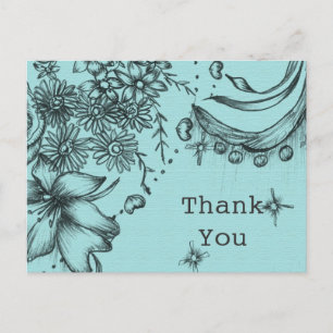 Postal Estilo vintage negro y azul floral gracias