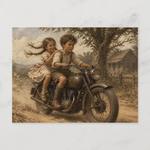 Postal Estilo vintage niños montando motocicleta antigua