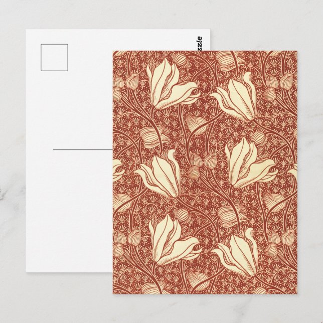 Postal Estilo William Morris Patrón Floral de Lirio Rojo (Anverso / Reverso)