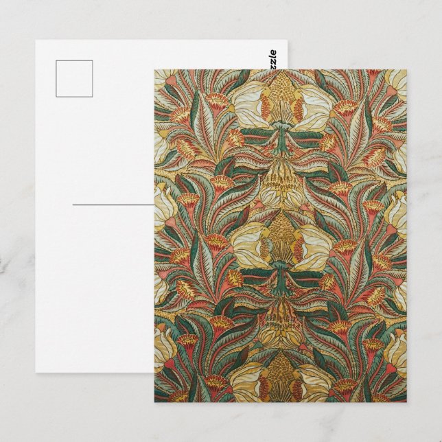 Postal Estilo William Morris Rosa Verde Botánico (Anverso / Reverso)