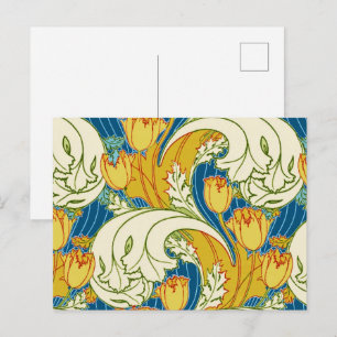 Postal Estilo William Morris Tulipán Floral Teal y Dorado