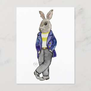 Postal Estiloso dibujo a mano de conejo acuarela