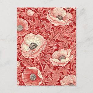 Postal Estiloso Rojo Rosa Poppies Arte Floral