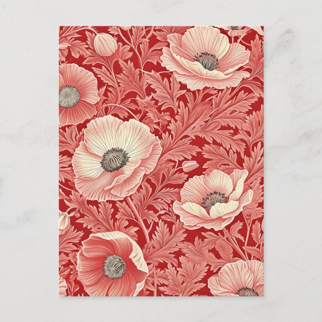 Postal Estiloso Rojo Rosa Poppies Arte Floral (Anverso)