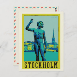 Postal Estocolmo Suecia, estatua en el poste del terraplé