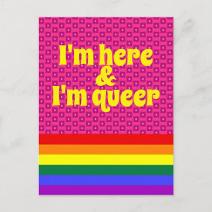 Postal Estoy aquí y soy queer Bandera arcoíris LGBT