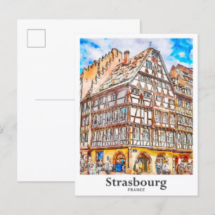 Postal Estrasburgo Francia Traje la mano de la acuarela