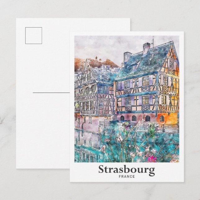Postal Estrasburgo Francia Traje la mano de la acuarela (Anverso / Reverso)