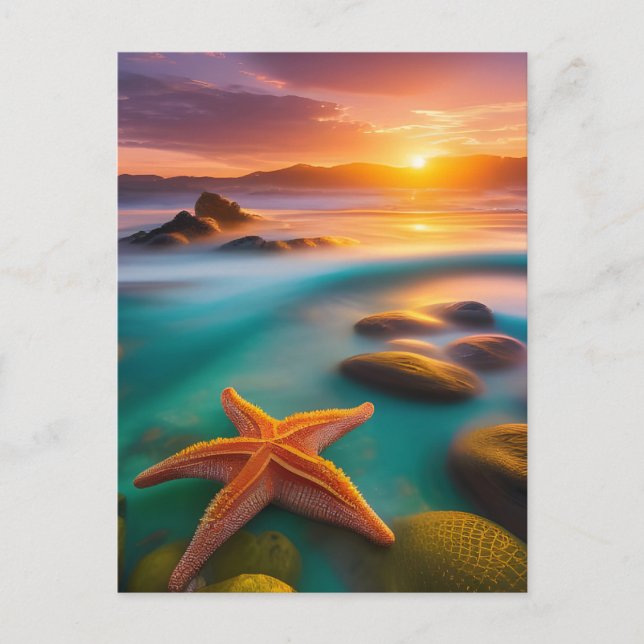 Postal Estrella de mar en la playa al amanecer (Anverso)