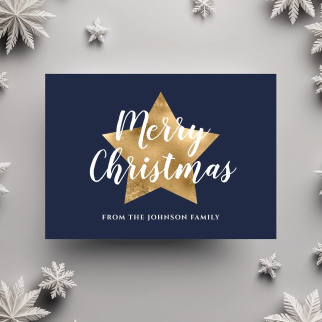 Postal Estrella de oro azul de la marina moderna Feliz Na (Modern Navy Blue Gold Star Merry Christmas Postcard)
