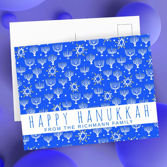 Postal Estrella feliz de Hanukkah de David Menorah PERSON (Happy Hanukkah Star of David Menorah Blue CUSTOM Postcard
)