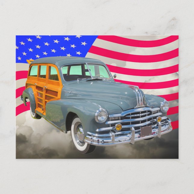 Postal Estrella Pontiac De Plata De 1948 Woody Y Bandera  (Anverso)