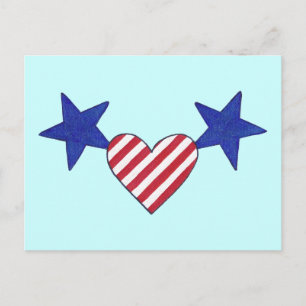Postal Estrellas azules patrióticas Corazón de franjas ro
