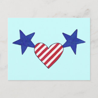 Postal Estrellas azules patrióticas Corazón de franjas ro