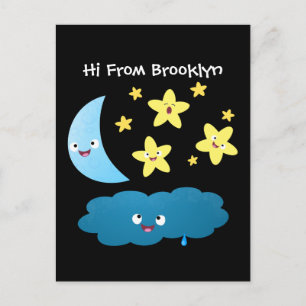 Postal Estrellas de canto lindas, luna y nube de dibujos 