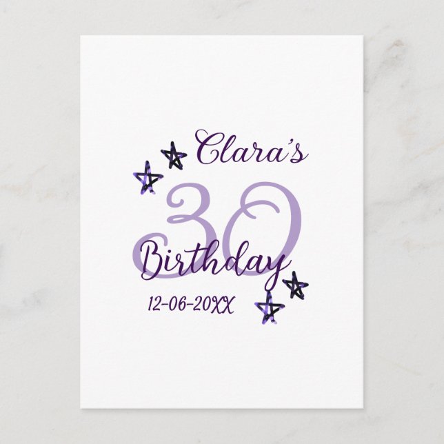 Postal Estrellas de purpurina morada cumpleaños 30 modern (Anverso)
