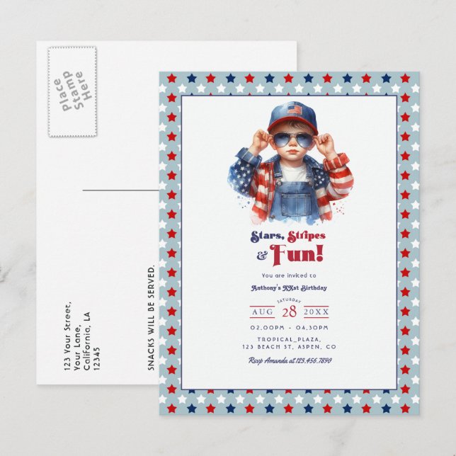 Postal Estrellas, Franjas y Diversión | Cumpleaños de Niñ (Anverso / Reverso)
