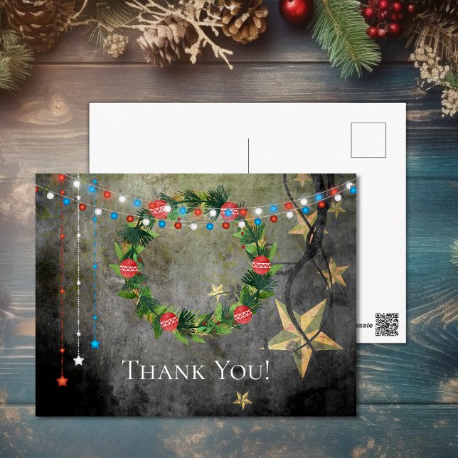 Postal Estrellas patrióticas y luces de la guerra gracias (Patriotic Stars n Lights Holiday Wreath Thank You Postcard)