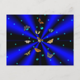 Postal Estrellas, perlas y mariposa en negro y azul
