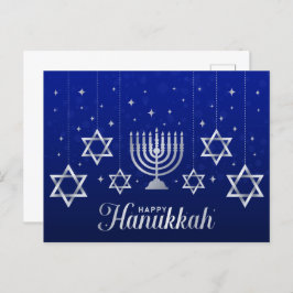 Postal Estrellas plateadas de David Menorah Feliz Hanukka