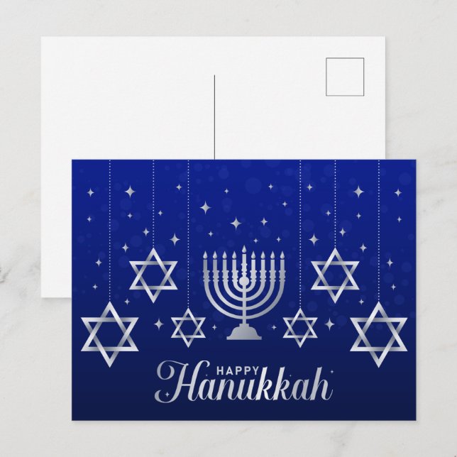 Postal Estrellas plateadas de David Menorah Feliz Hanukka (Anverso / Reverso)
