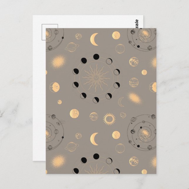 Postal Estrellas solares luna fases planetas oro negro en (Anverso / Reverso)
