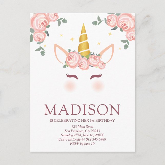 Postal Estrellas y flores unicornio (Anverso)