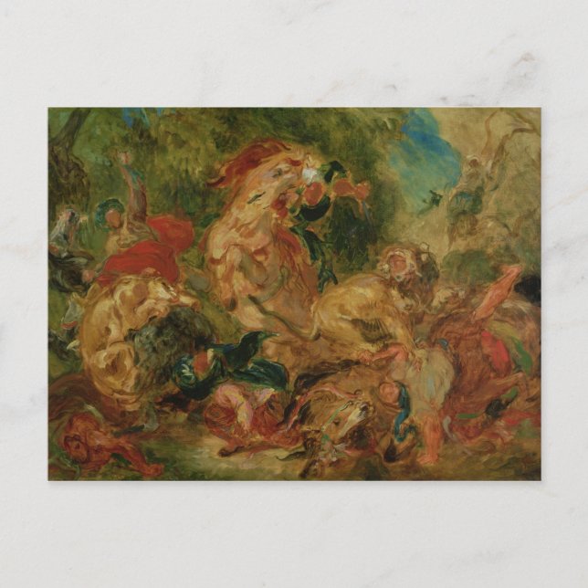 Postal Estudio sobre la caza de leones, 1854 (Anverso)