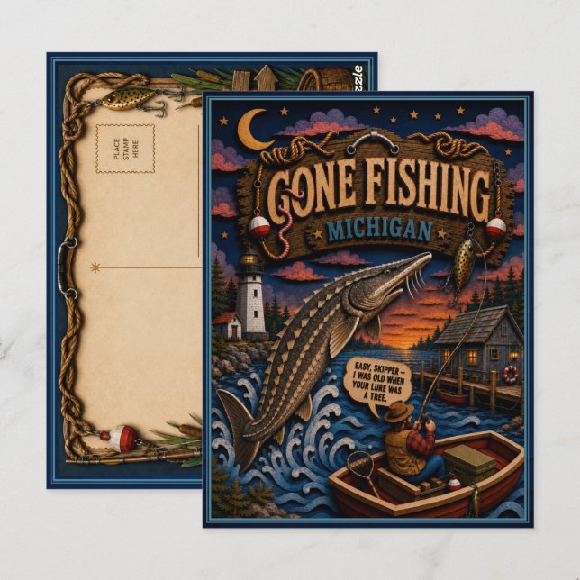 Postal Esturión del Lago Michigan Gone Fishing (Anverso / Reverso)