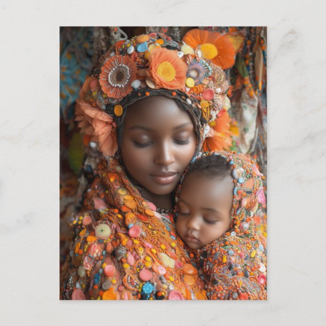 Postal Ethereal Madre Hijo Vibrante Traje Tradicional (Anverso)