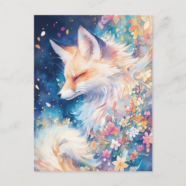 Postal Ethereal Red Fox in Blue Floral Night (Anverso)