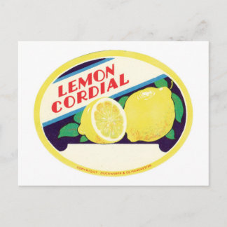 Postal Etiqueta cordial del limón del vintage