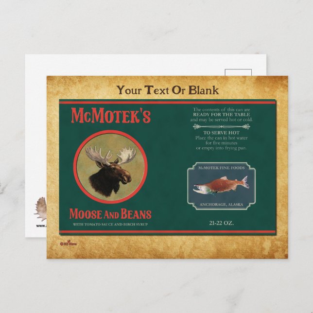 Postal Etiqueta de alce y frijol de McMotek (Anverso / Reverso)