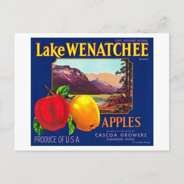 Postal Etiqueta de Apple del lago Wenatchee (azul) - Cash (Anverso)
