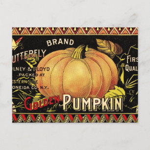 Postal Etiqueta de Caja de Calabaza Dorada Vintage: Otoño