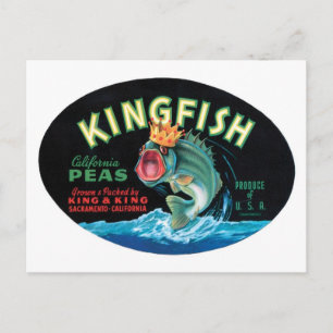 Postal Etiqueta de canal de arvejas de Kingfish Vintage